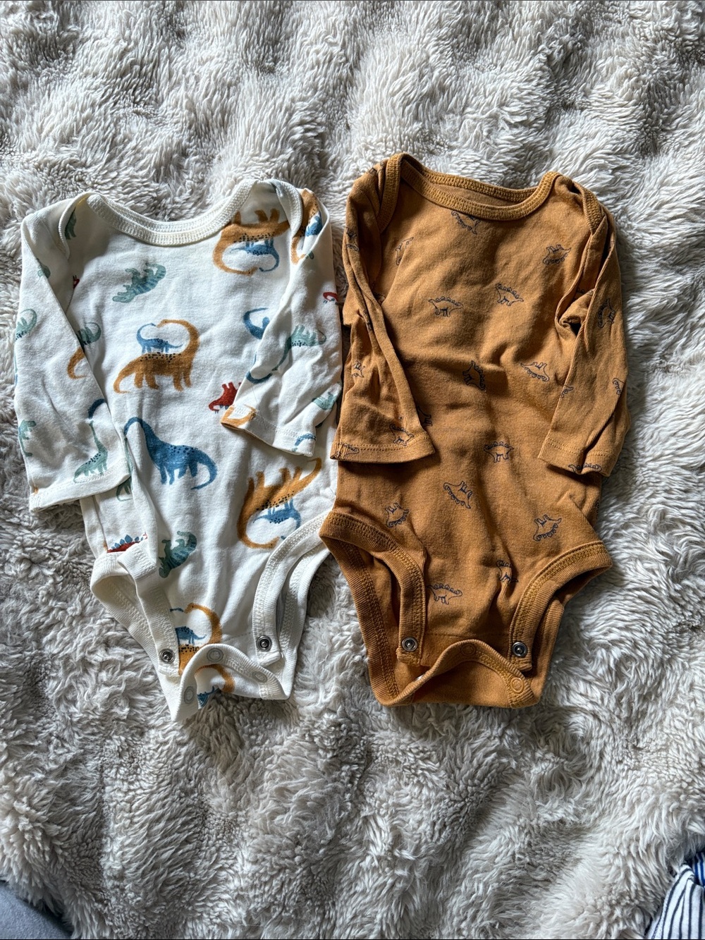 Kids Long-Sleeve One-Piece Bodysuits - White Dinosaur + Mustard Dino Print